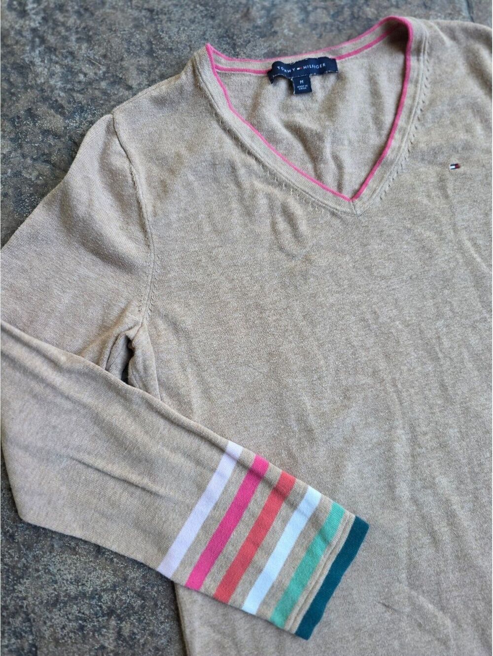Tommy Hilfiger Women's Beige V-Neck Sweater with Multi-Color Stripe Cuffs, SizeM - Picture 4 of 6